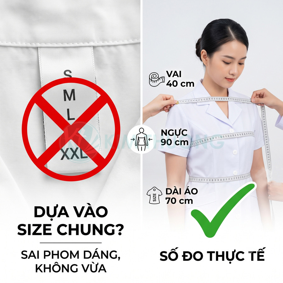 Đo số đo thực tế cho đồng phục y tá nữ thay vì chọn theo size chung S M L XL