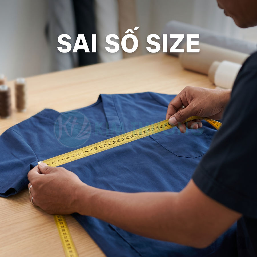 Người thợ dùng thước dây đo ngang áo thun xanh trên bàn gỗ để kiểm tra kích thước size