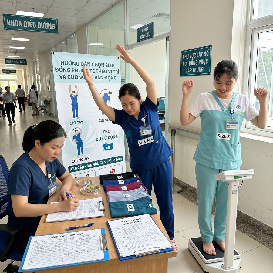 Nhân viên y tế thử size và đo cân nặng để chọn đồng phục bệnh viện nhiều màu trên bàn