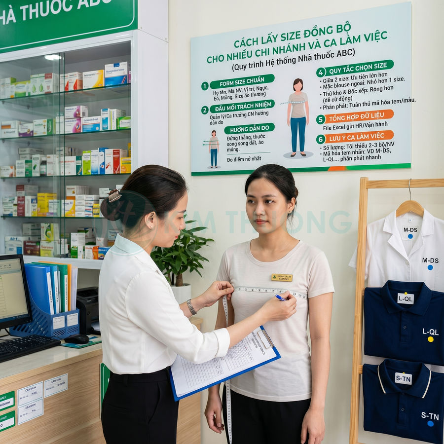 Nhân viên nhà thuốc đo số đo áo đồng phục cho nữ dược sĩ trong hiệu thuốc ABC