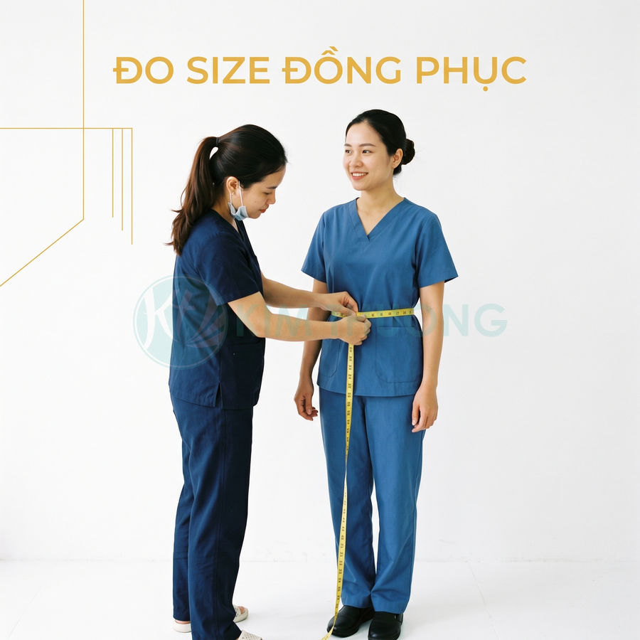 Nhân viên đo vòng eo cho nữ y tá mặc đồng phục y tế màu xanh lam