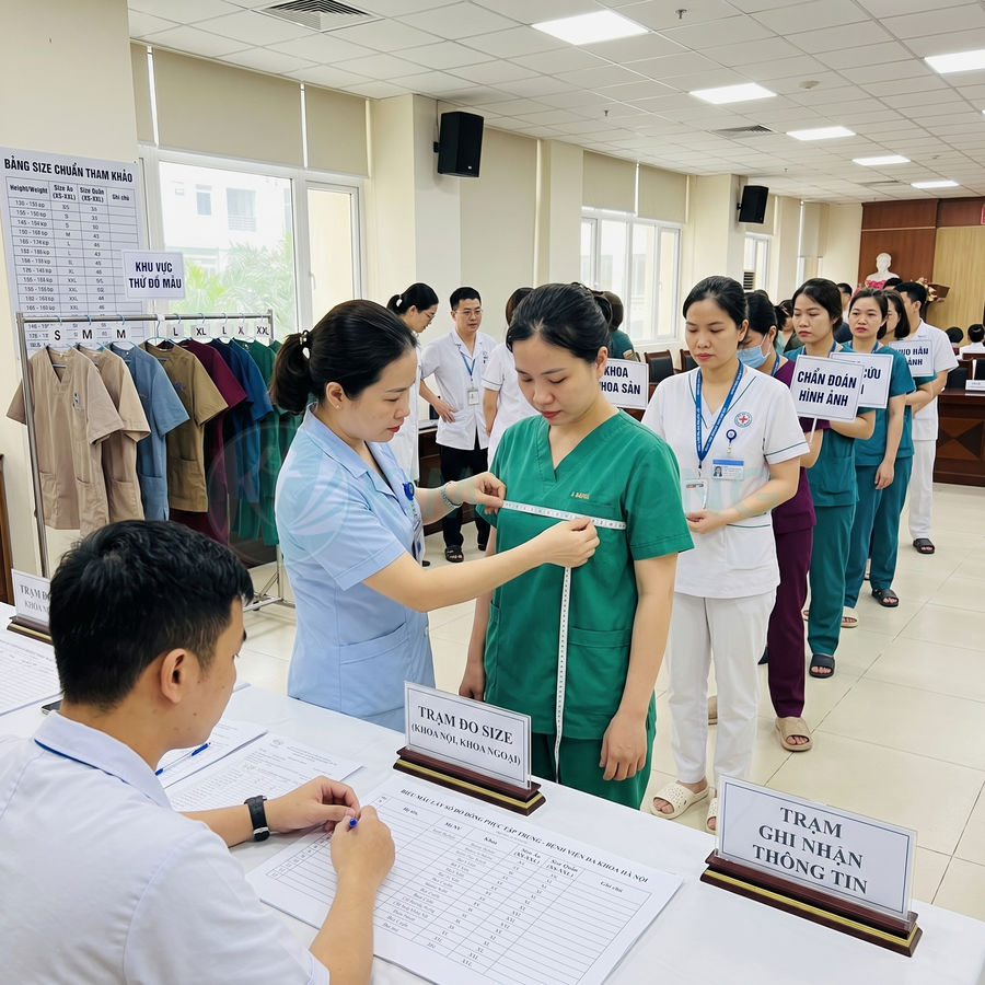 Nhân viên y tế đo size đồng phục bệnh viện cho nữ điều dưỡng trong phòng đo chuyên dụng