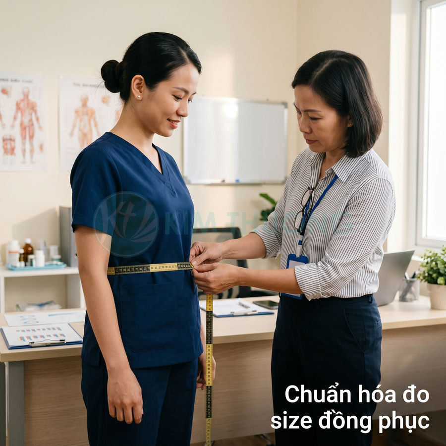 Nhân viên được đo vòng eo để chọn size đồng phục y tế màu xanh navy