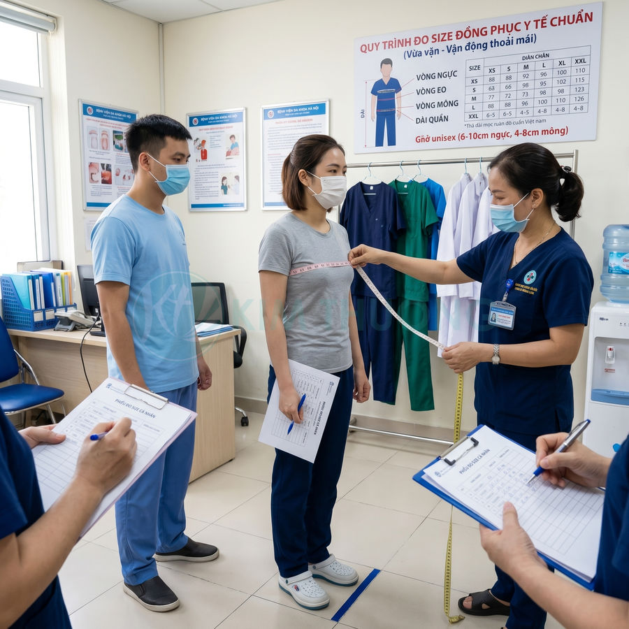 Nhân viên y tế đo vòng ngực để may đồng phục y tế cho nữ nhân viên trong phòng khám