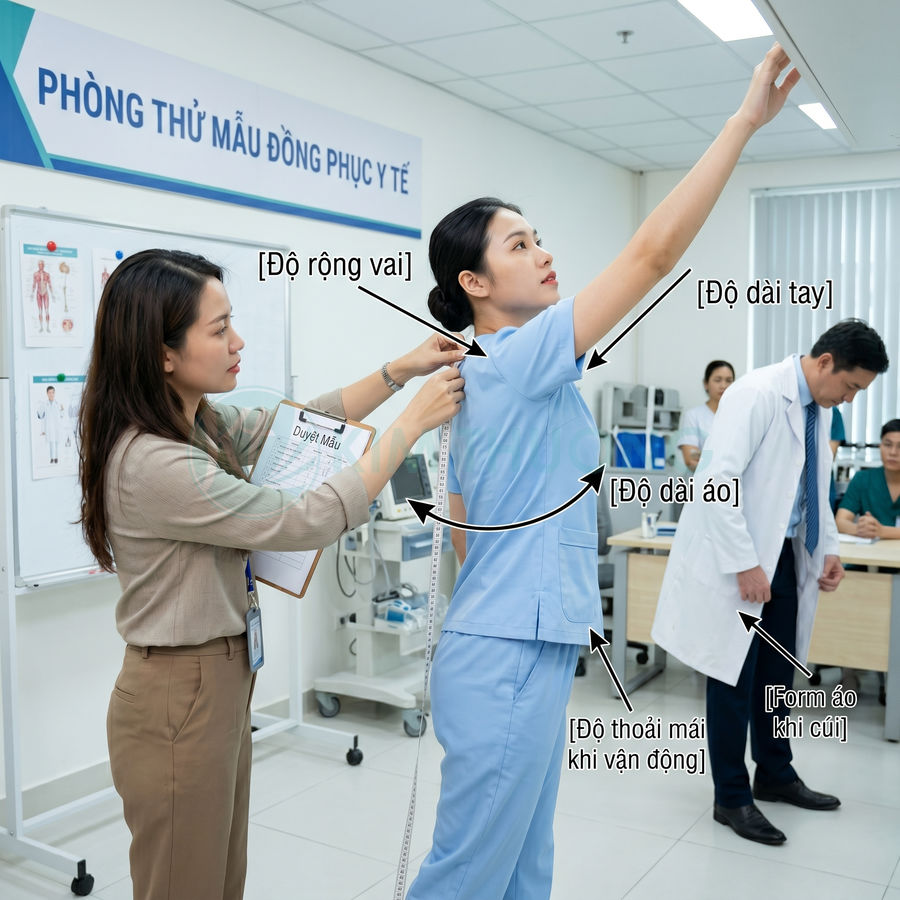 Nhân viên đo kích thước bộ đồng phục y tế màu xanh cho nữ y tá trong phòng thử mẫu