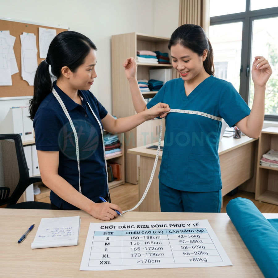 Nhân viên đo số đo vòng ngực để may đồng phục y tế màu xanh cho nữ điều dưỡng