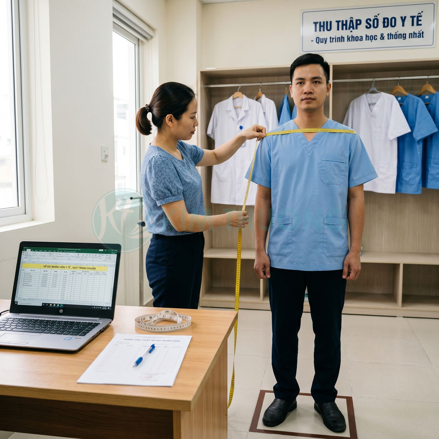 Nhân viên đo số đo cho nam bác sĩ mặc đồng phục y tế màu xanh trong phòng khám