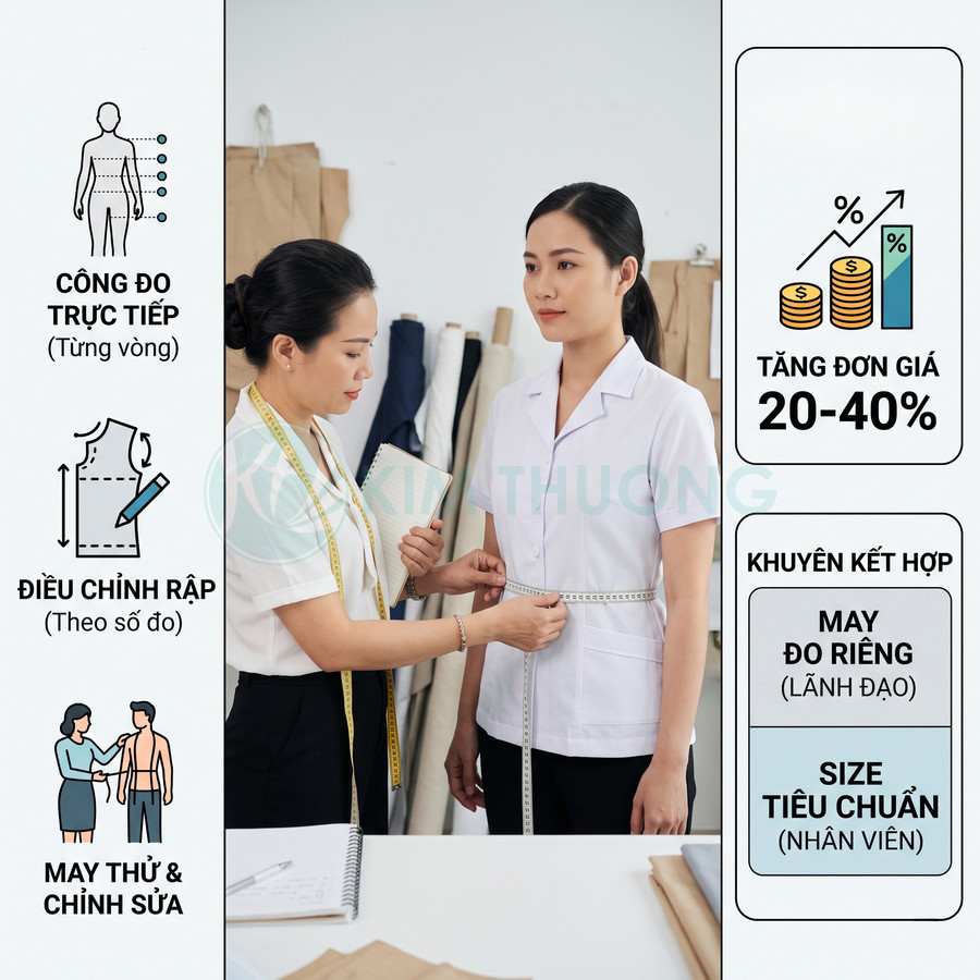 Nhân viên may đo vòng eo cho nữ khách hàng mặc áo blouse trắng trong xưởng may đồng phục