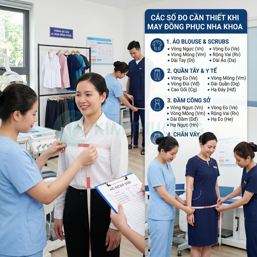 Nhân viên đo số đo cơ thể để may đồng phục nha khoa chuyên nghiệp trong phòng khám hiện đại