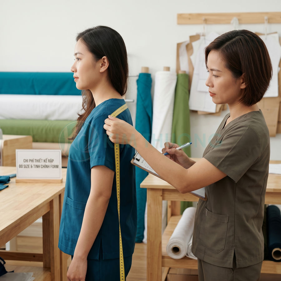 Nhân viên may đo kích thước đồng phục y tế màu xanh cho nữ khách hàng trong xưởng may