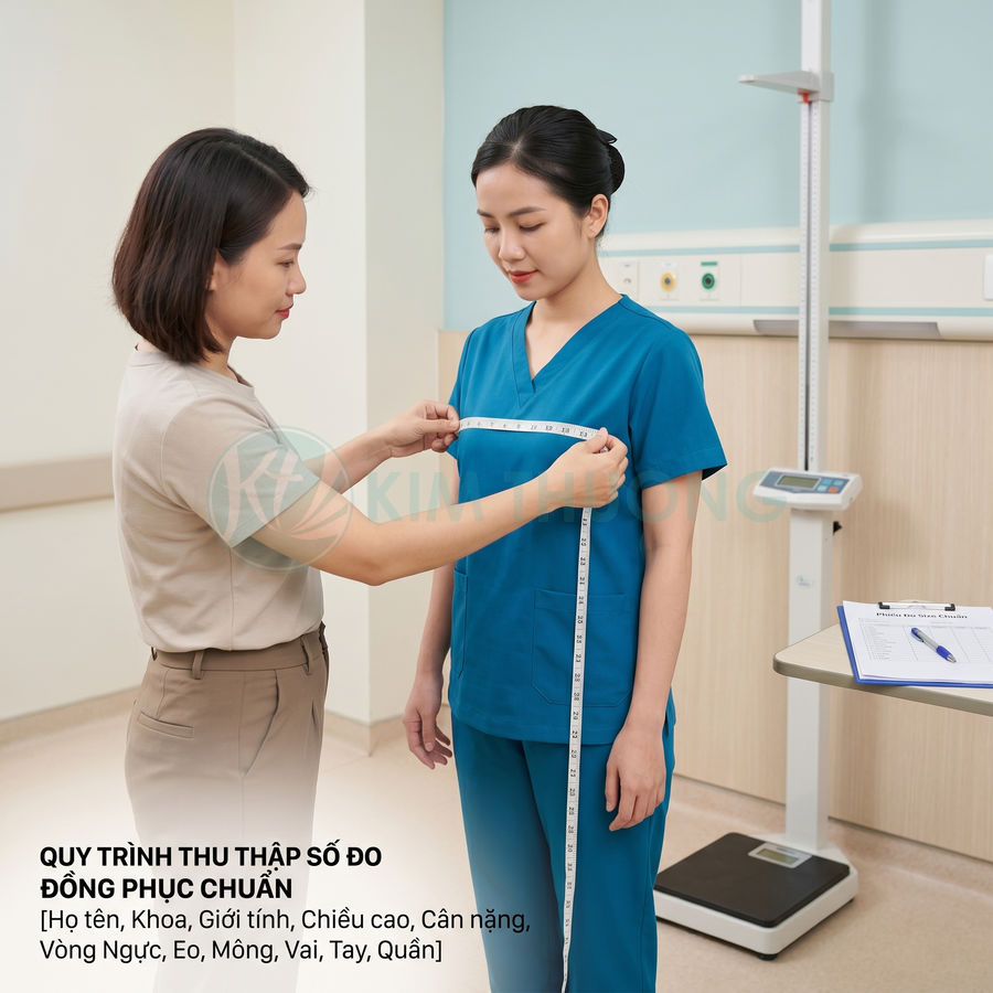 Nhân viên đo vòng ngực cho nữ y tá mặc đồng phục y tế màu xanh trong phòng khám