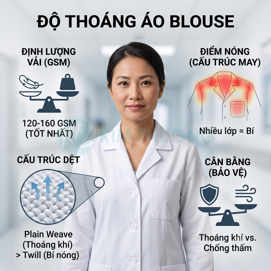 Áo blouse bác sĩ trắng thoáng khí, vải 120-160 GSM, cấu trúc dệt giúp cân bằng thông thoáng và bảo vệ