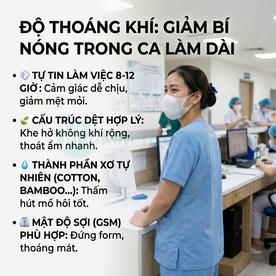 Đồng phục y tá vải thoáng khí, thấm hút mồ hôi tốt giúp giảm bí nóng trong ca làm việc dài