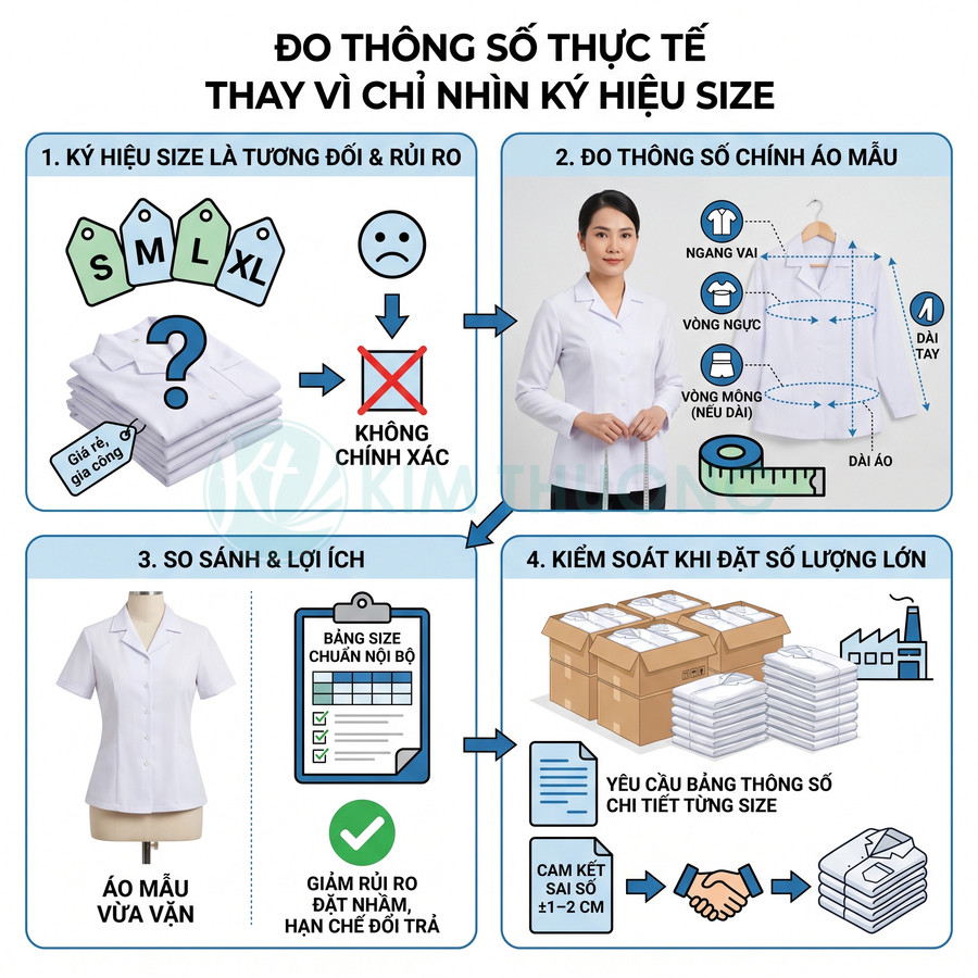 Áo đồng phục trắng với hướng dẫn đo ngang vai, vòng ngực, vòng mông, dài tay và dài áo để chọn size chính xác.