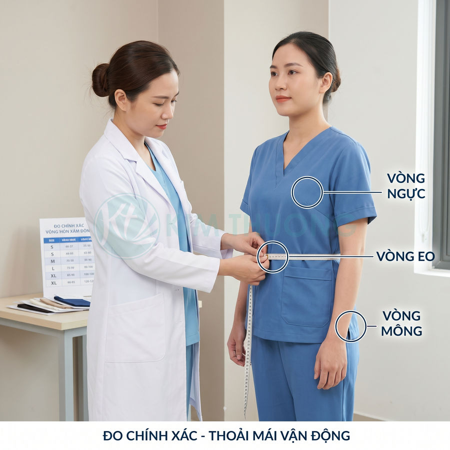 Bác sĩ đo số đo vòng ngực eo mông cho nữ y tá mặc đồng phục y tế màu xanh