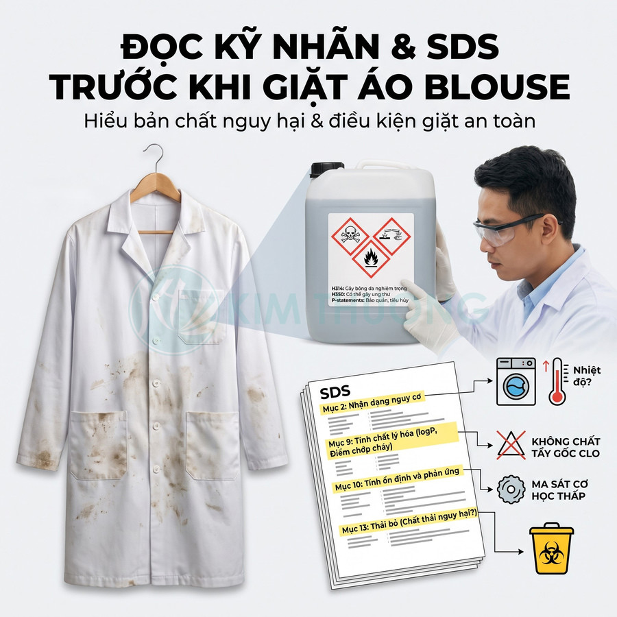 Áo blouse trắng dính bẩn cạnh can hóa chất có nhãn cảnh báo và tài liệu SDS hướng dẫn giặt an toàn