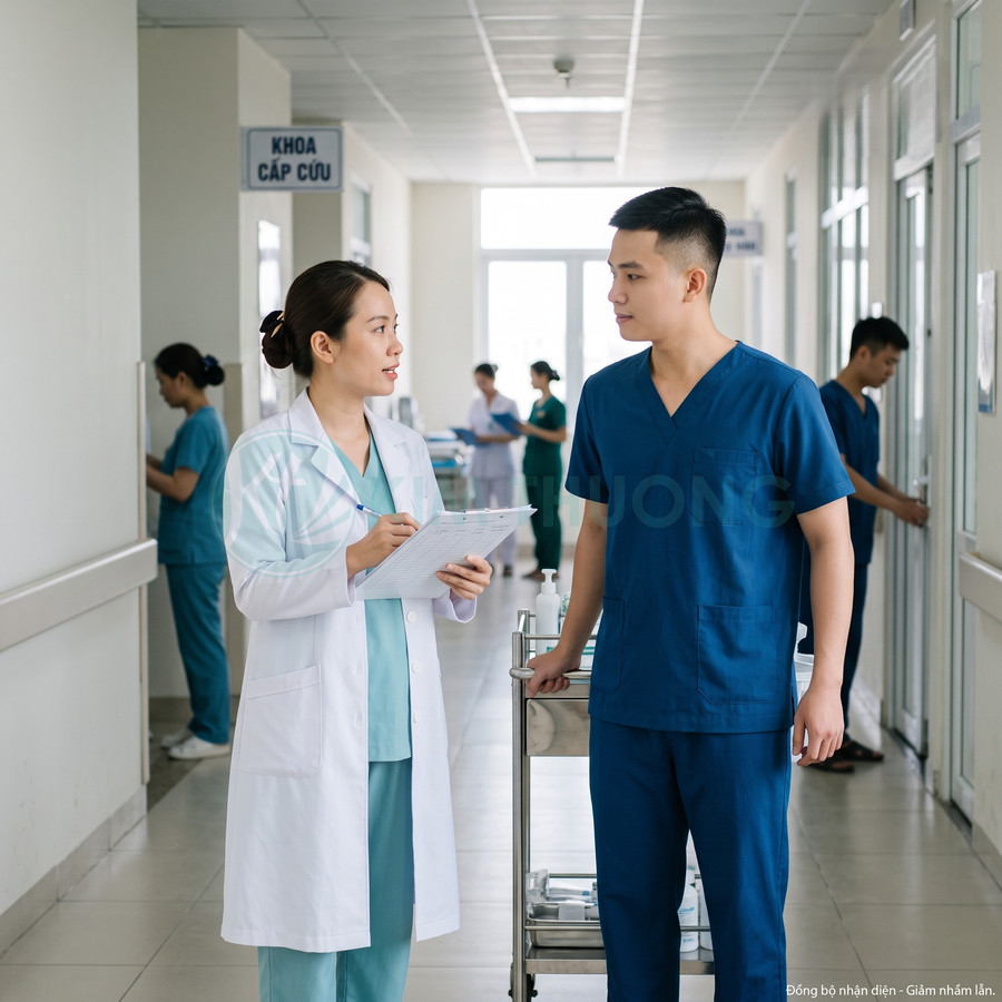 Bác sĩ và điều dưỡng mặc đồng phục y tế trao đổi hồ sơ bệnh án tại hành lang khoa cấp cứu