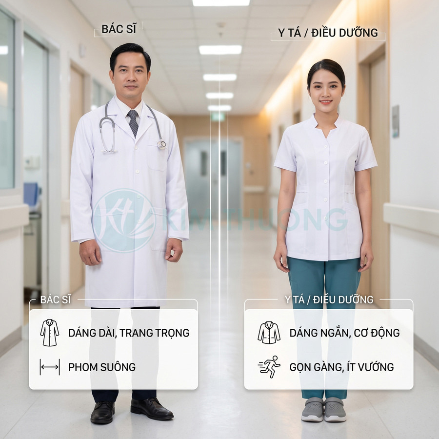 Đồng phục bác sĩ áo blouse trắng dài và đồng phục y tá điều dưỡng trắng xanh trong bệnh viện