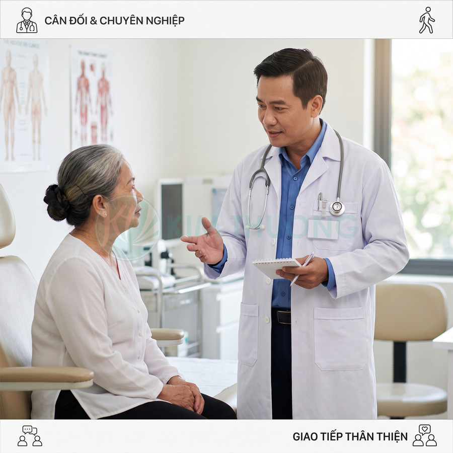 Bác sĩ nam tư vấn sức khỏe cho bệnh nhân lớn tuổi trong phòng khám hiện đại