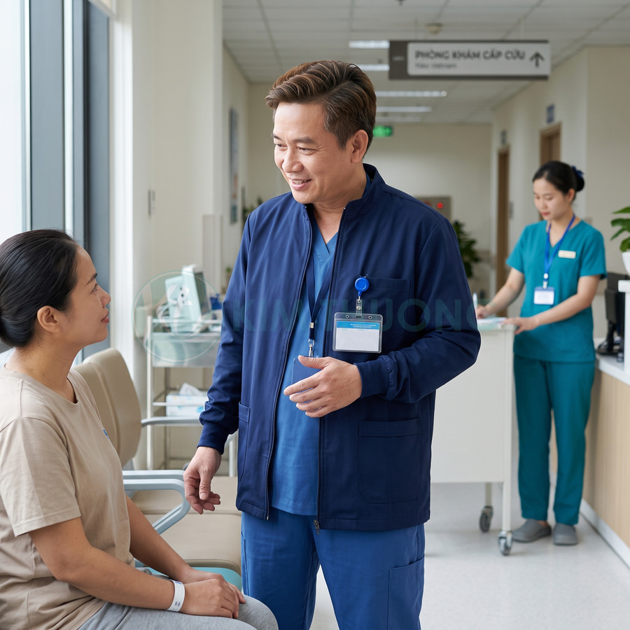 Bác sĩ nam tư vấn cho bệnh nhân nữ tại hành lang bệnh viện hiện đại