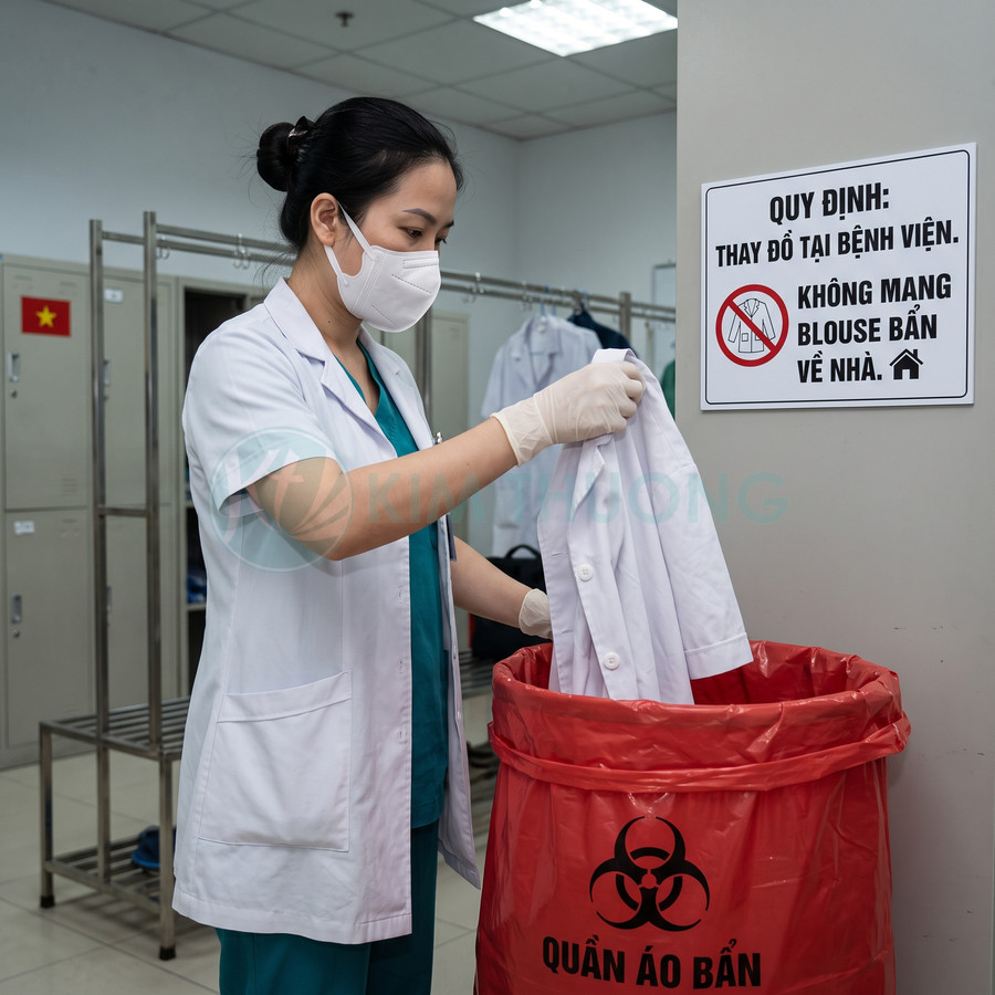 Nữ nhân viên y tế đeo khẩu trang găng tay bỏ áo blouse bẩn vào thùng rác y tế màu đỏ