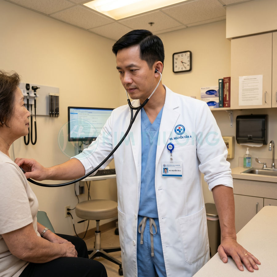 Bác sĩ nam dùng ống nghe khám tim cho bệnh nhân nữ lớn tuổi trong phòng khám hiện đại