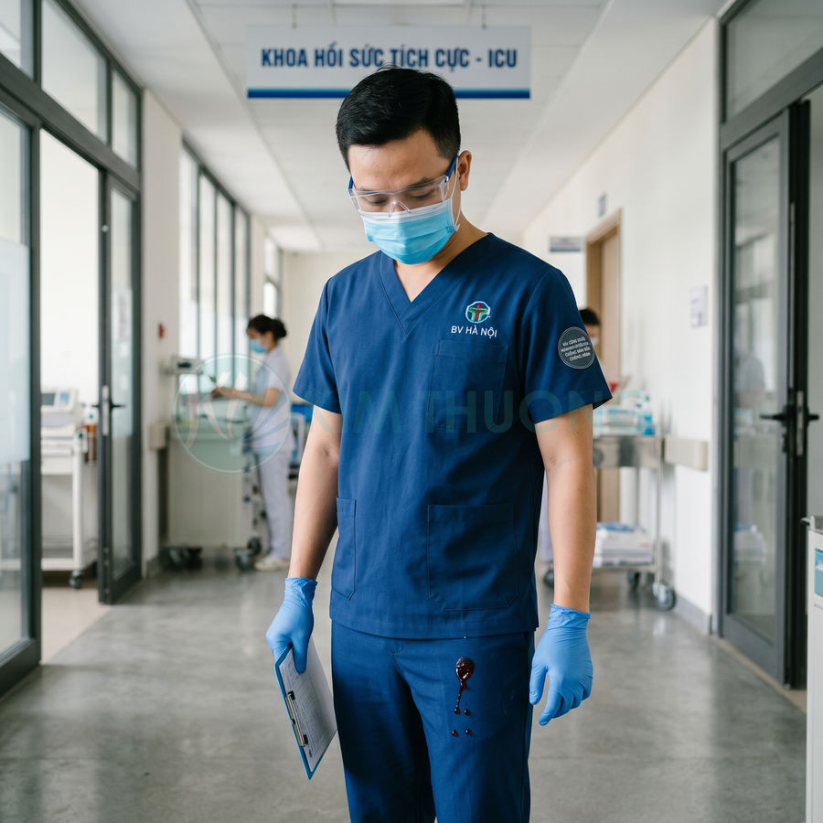 Bộ đồ scrubs y tế màu xanh BV Hà Nội dính vết máu ở quần trong hành lang khoa ICU