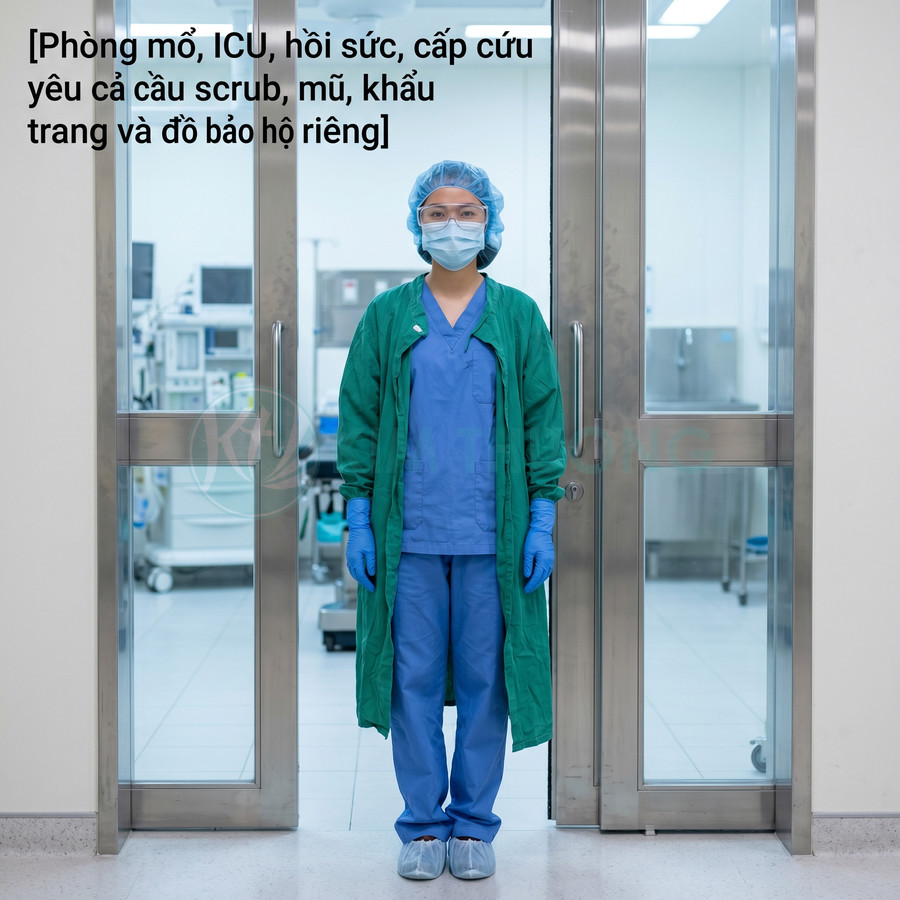 Nhân viên y tế mặc đồ phẫu thuật, áo choàng xanh, găng tay, khẩu trang và mũ bảo hộ đứng trước cửa phòng mổ