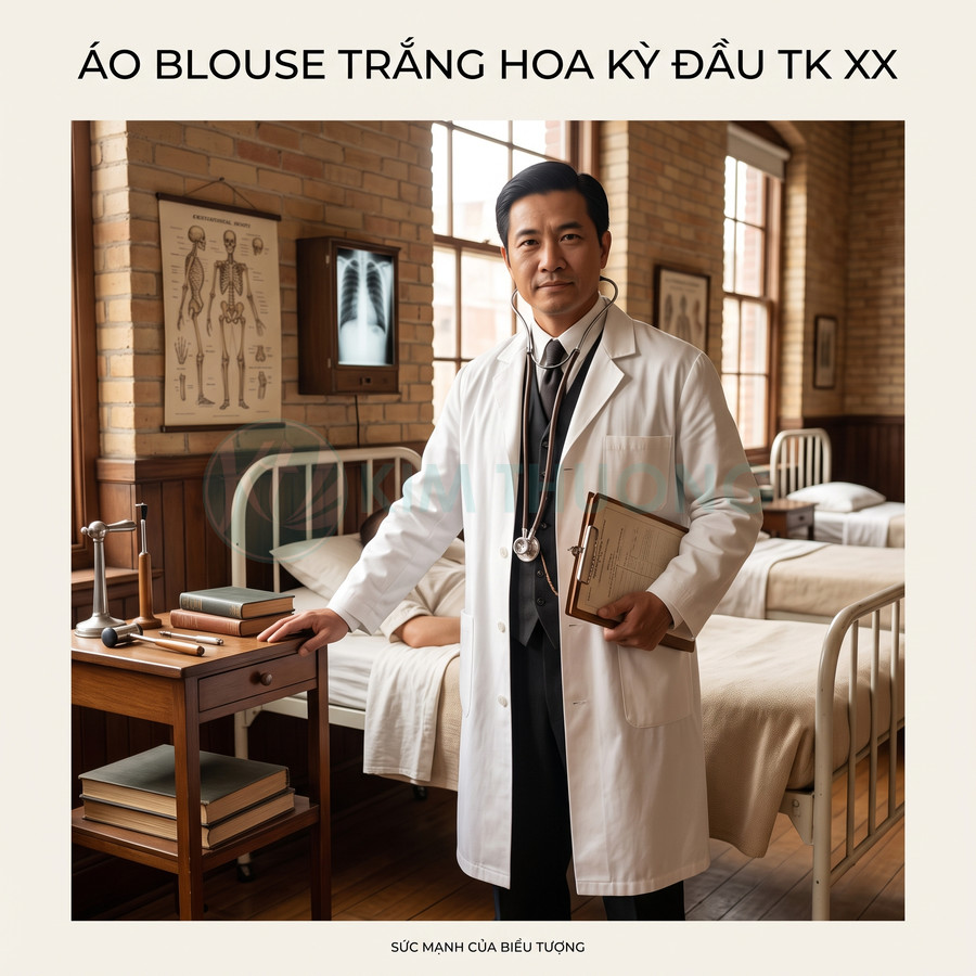 Bác sĩ mặc áo blouse trắng đứng trong phòng bệnh cổ điển cạnh giường bệnh và bàn dụng cụ y khoa