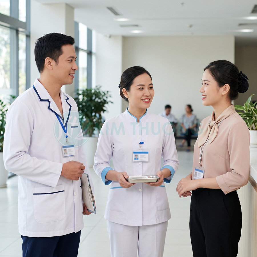 Bác sĩ và y tá tư vấn cho bệnh nhân tại sảnh bệnh viện hiện đại