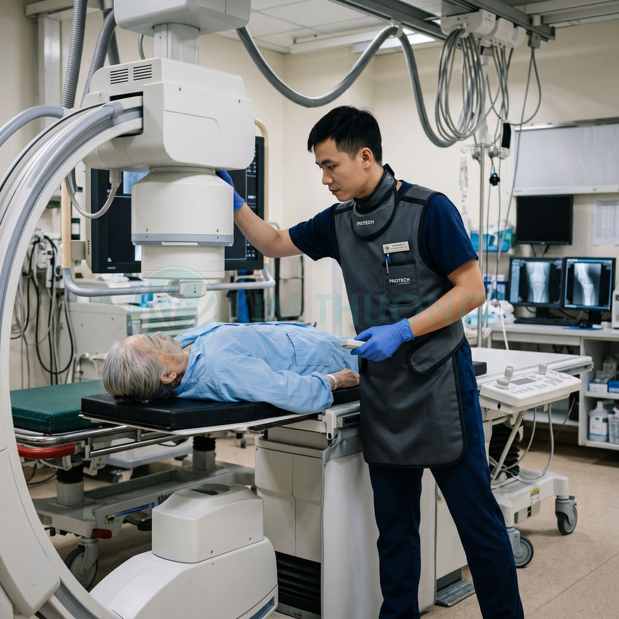 Bác sĩ vận hành máy chụp X quang C arm cho bệnh nhân cao tuổi nằm trên bàn chụp