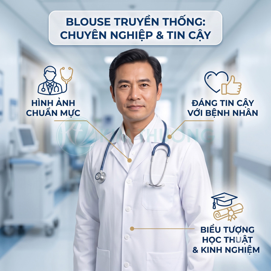 Bác sĩ nam mặc áo blouse trắng truyền thống với ống nghe trên cổ trong hành lang bệnh viện hiện đại