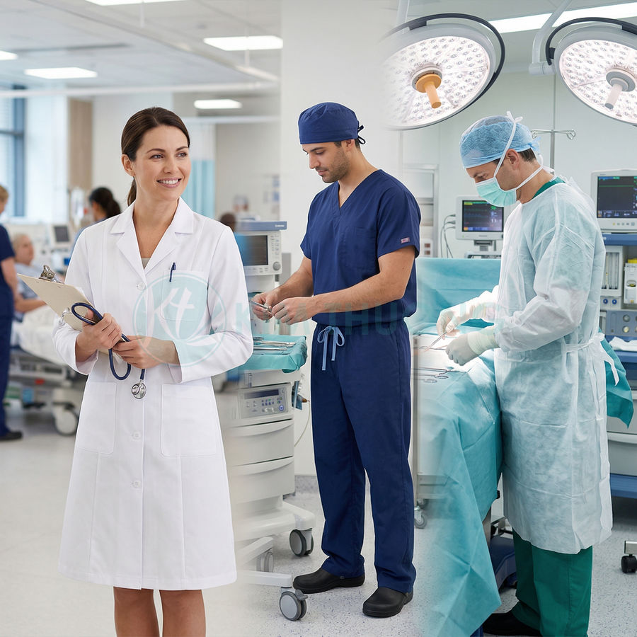 Bác sĩ và ê kíp phẫu thuật mặc áo blouse, đồ mổ chuyên dụng trong phòng mổ bệnh viện hiện đại