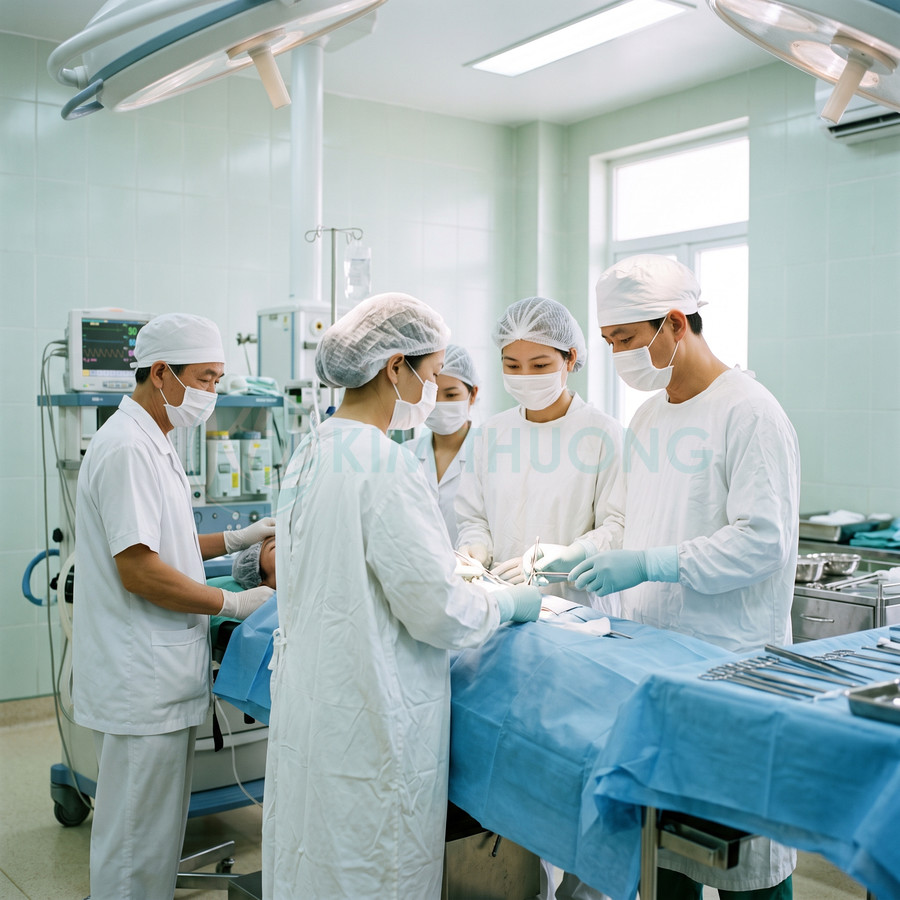 Bác sĩ phẫu thuật đeo khẩu trang và găng tay đang mổ cho bệnh nhân trong phòng mổ hiện đại