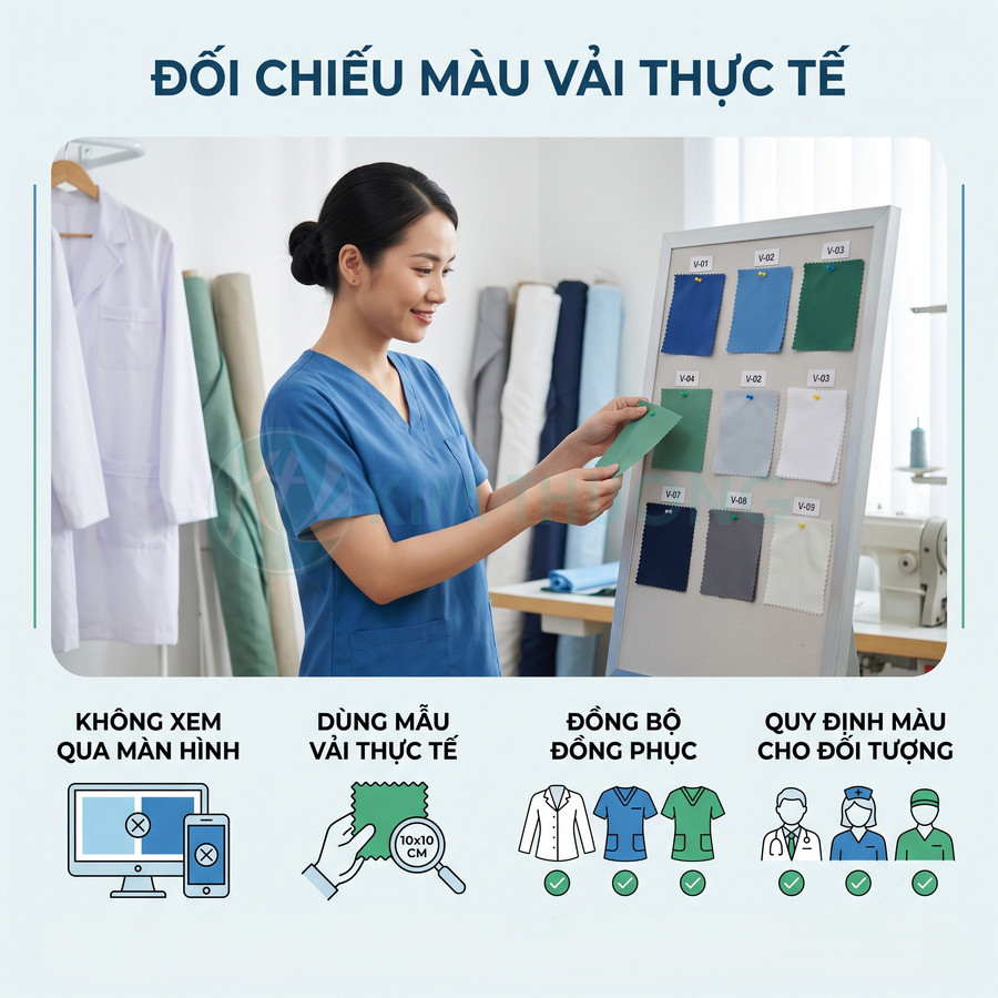 Nhân viên mặc đồng phục y tế xanh đang chọn màu vải trên bảng mẫu vải đồng phục