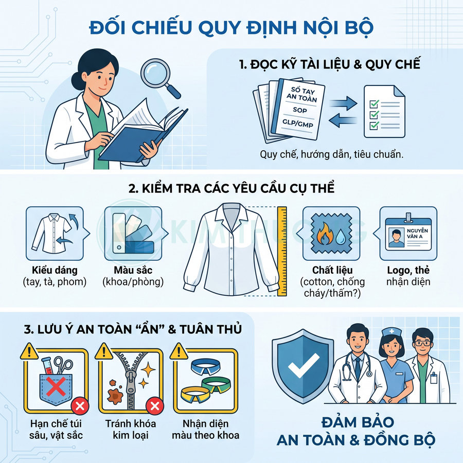 Infographic đối chiếu quy định đồng phục y tế về kiểu dáng, màu sắc, chất liệu, logo và an toàn khi sử dụng