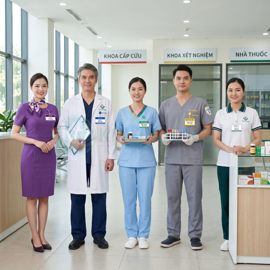 Đội ngũ bác sĩ và nhân viên y tế đứng trong bệnh viện, cầm khay thuốc và ống nghiệm xét nghiệm