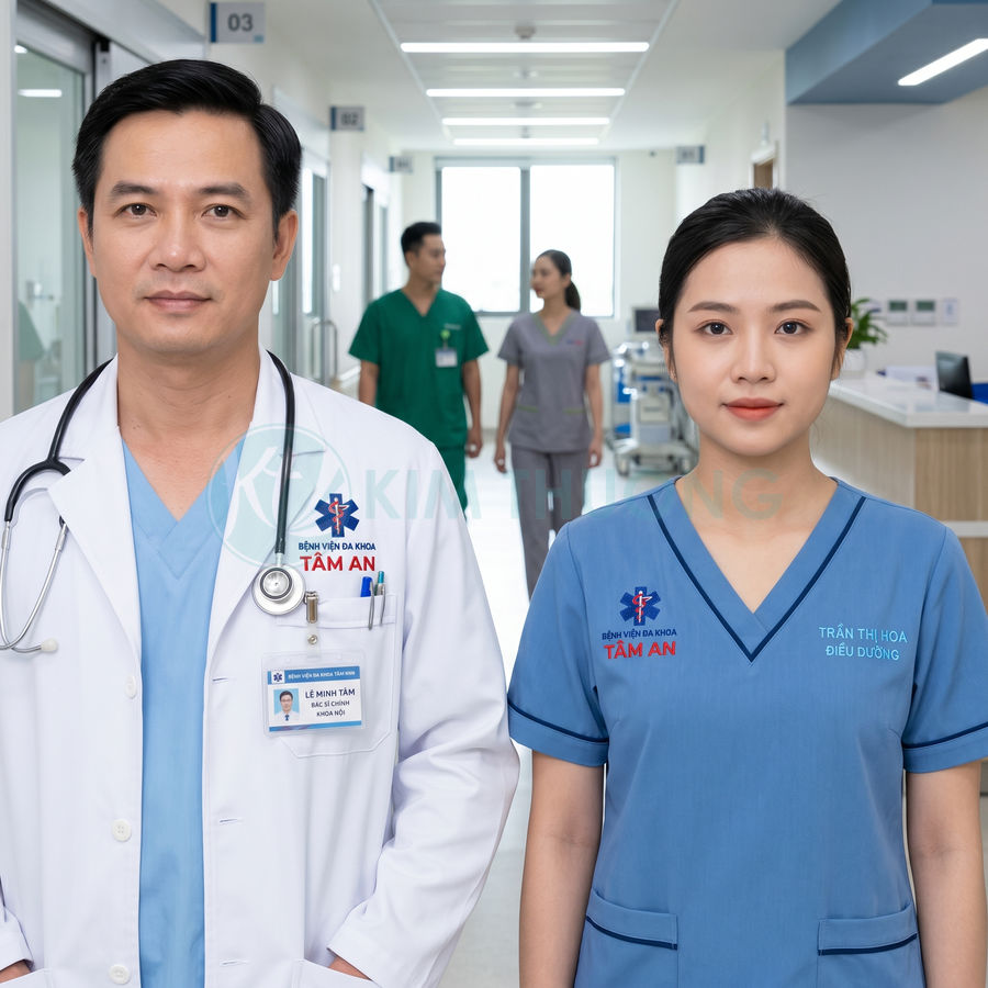Bác sĩ và điều dưỡng bệnh viện đa khoa Tâm An đứng trong hành lang khoa khám chữa bệnh hiện đại