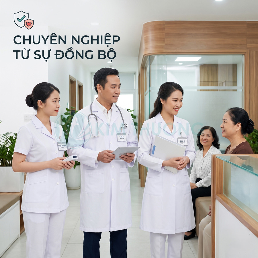 Đội ngũ bác sĩ và y tá tư vấn cho bệnh nhân tại quầy tiếp đón trong phòng khám hiện đại