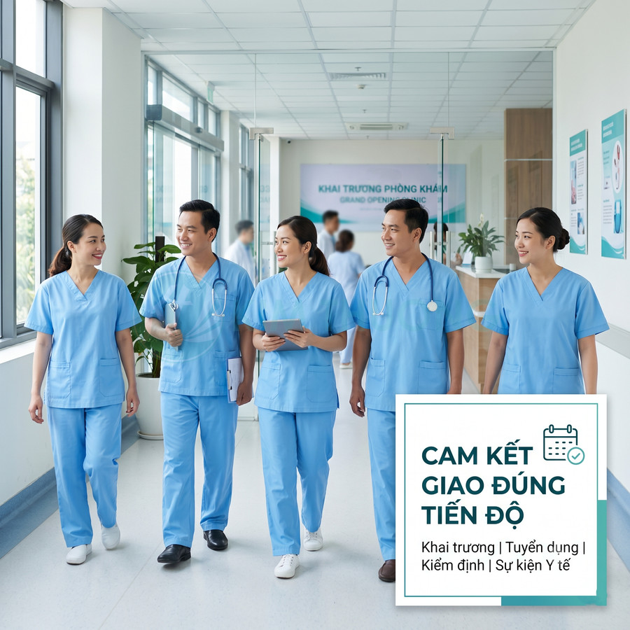 Nhóm bác sĩ y tá mặc đồng phục xanh đi trong hành lang bệnh viện hiện đại, thể hiện dịch vụ y tế chuyên nghiệp