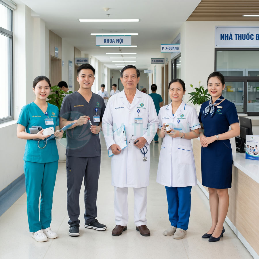 Đội ngũ bác sĩ và điều dưỡng bệnh viện đứng tại hành lang khoa nội, cầm hồ sơ và thiết bị y tế
