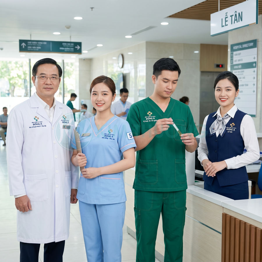 Đội ngũ bác sĩ, y tá và nhân viên lễ tân bệnh viện Đông Á đứng tại quầy tiếp đón bệnh nhân