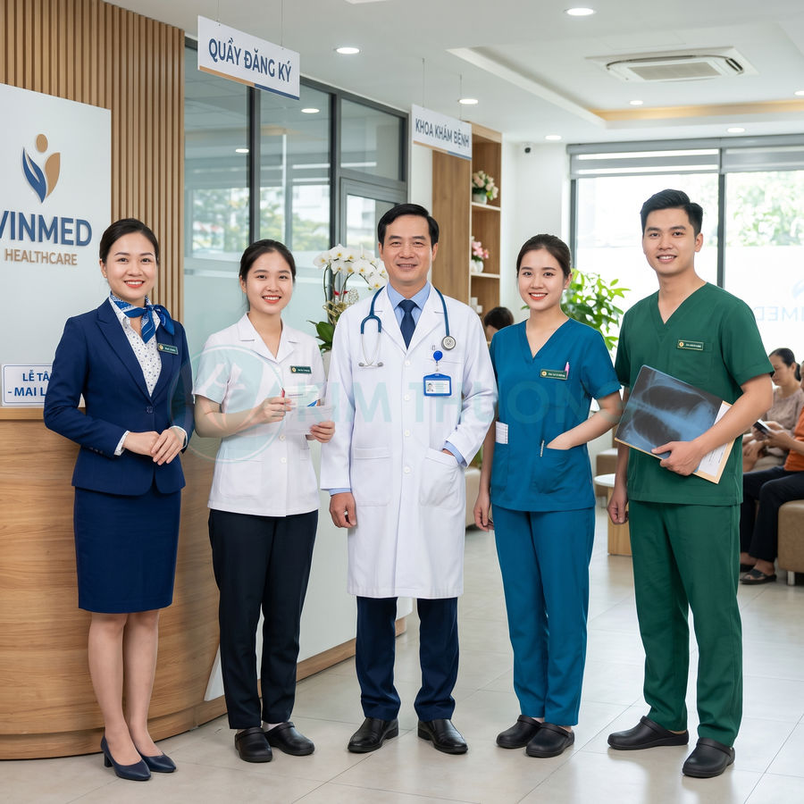 Đội ngũ bác sĩ và điều dưỡng Vinmed Healthcare đứng tại sảnh khoa khám bệnh của bệnh viện