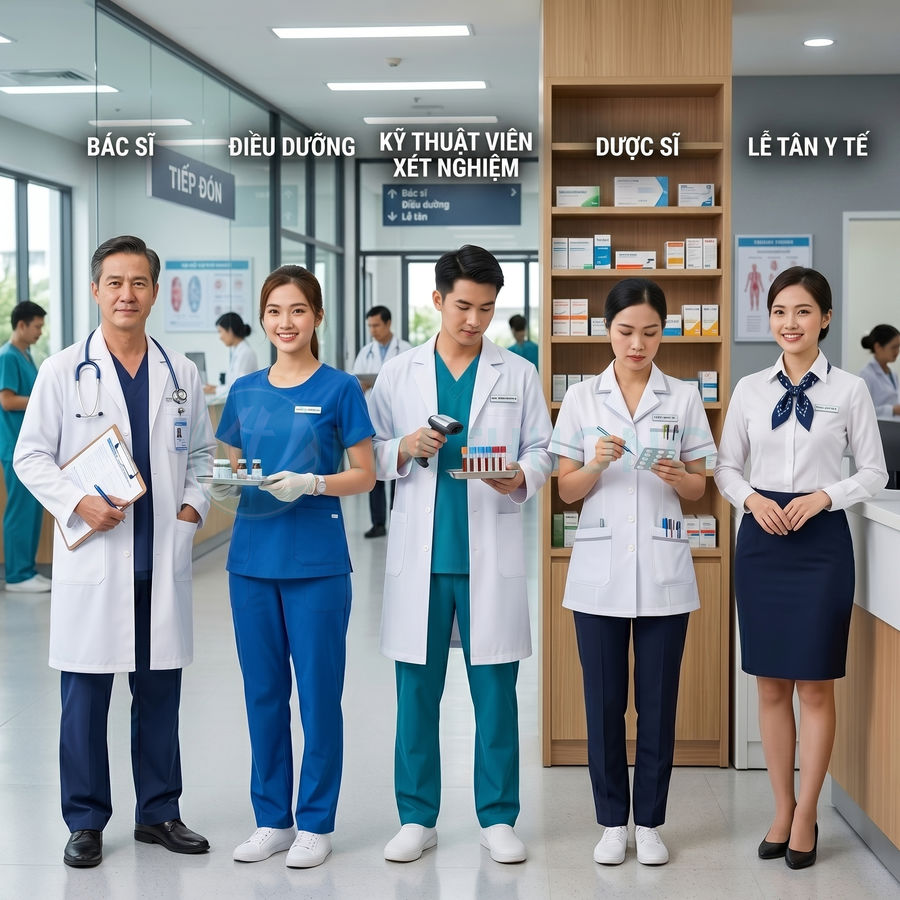 Đội ngũ bác sĩ, điều dưỡng, kỹ thuật viên xét nghiệm, dược sĩ và lễ tân y tế tại bệnh viện hiện đại
