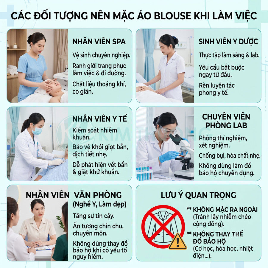 Các đối tượng như nhân viên y tế, spa, sinh viên y dược mặc áo blouse trắng khi làm việc
