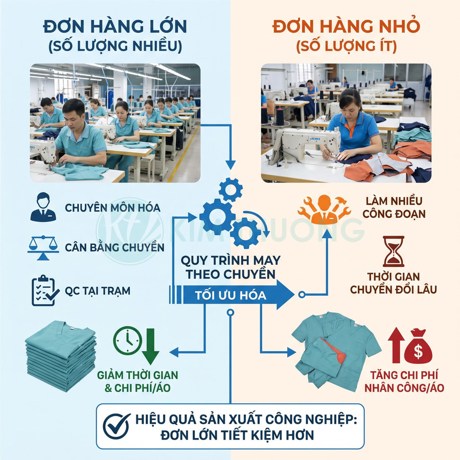 So sánh quy trình may chuyền cho đơn hàng lớn và may nhiều công đoạn cho đơn hàng nhỏ trong xưởng may công nghiệp