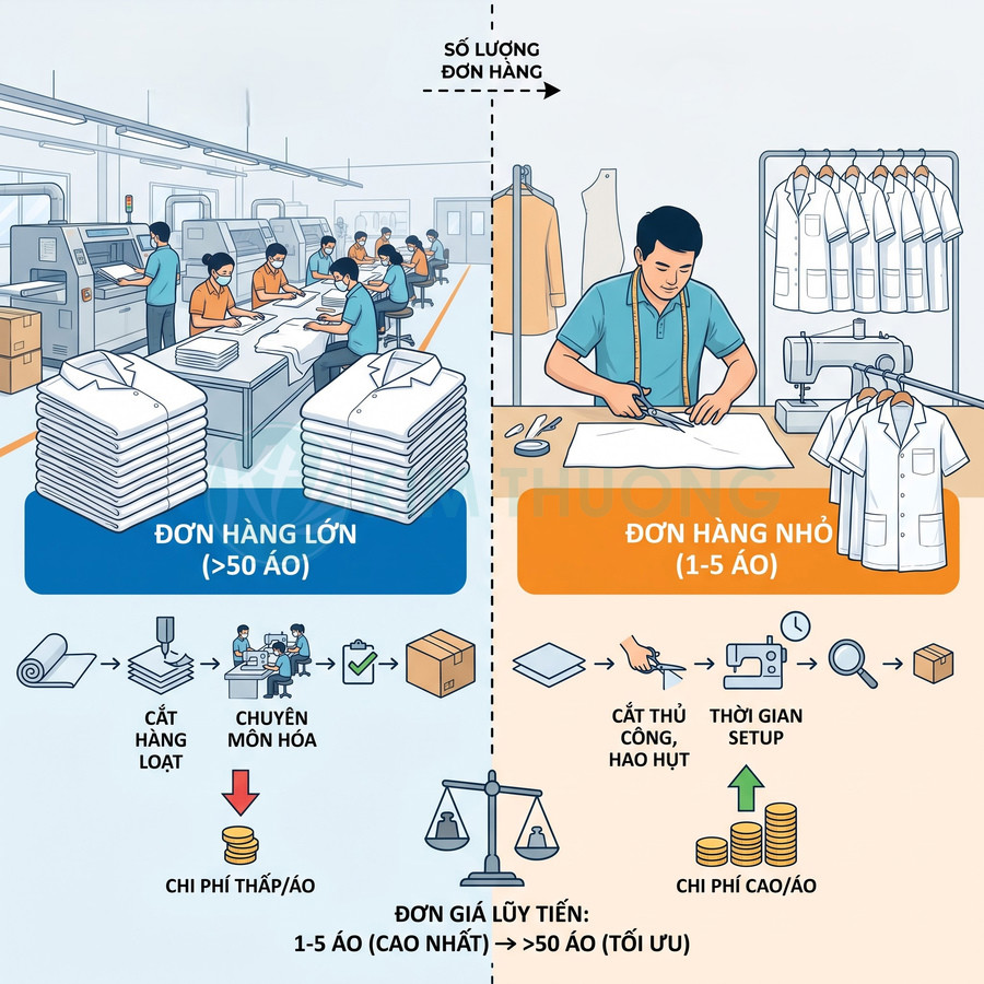 Quy trình sản xuất áo số lượng lớn và nhỏ, so sánh cách cắt may và chi phí trên mỗi áo</numerusform