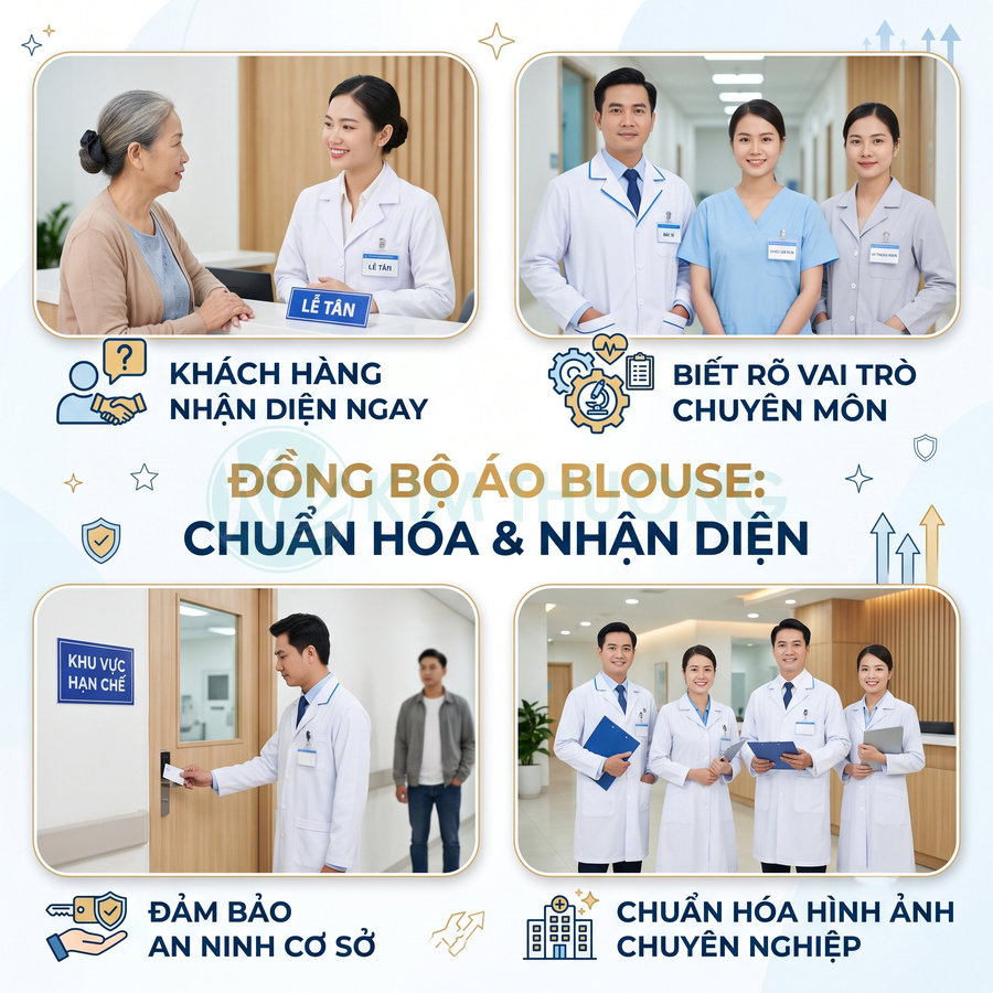 Nhân viên y tế mặc áo blouse đồng bộ tư vấn khách, làm việc tại bệnh viện hiện đại, nhấn mạnh nhận diện và chuyên nghiệp