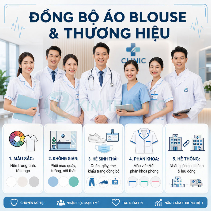 Nhóm bác sĩ y tá mặc áo blouse đồng phục trắng xanh đứng trong sảnh phòng khám hiện đại