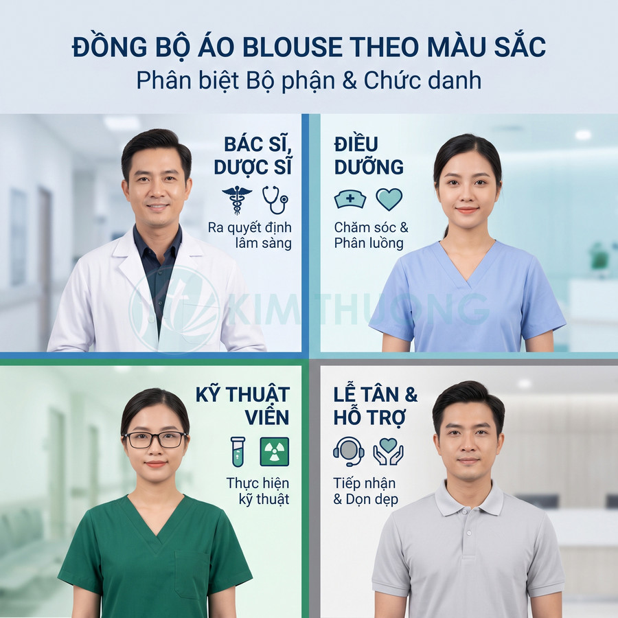 Đồng phục y tế Kim Thương phân biệt bác sĩ, điều dưỡng, kỹ thuật viên và lễ tân bằng màu áo blouse khác nhau